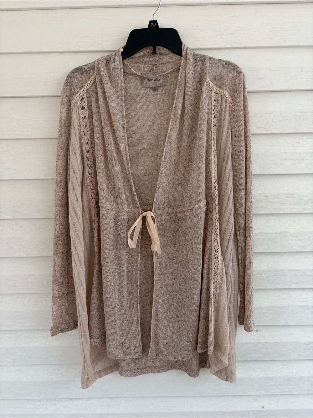 Miss Me Lace Cardigan Women’s Small Beige Sheer Boho Tie Front Duster